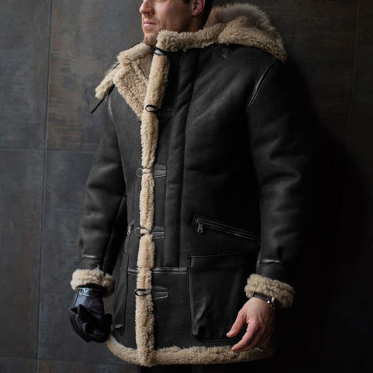 Herren Lammfell-Mantel mit Kapuze und praktischen Taschen