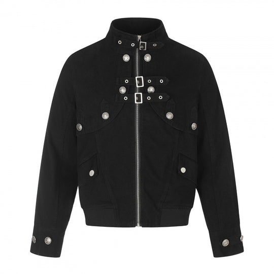 Damen Kurz geschnittene Bomberjacke mit hohem Stehkragen, Zierriemen und Pattentaschen Shop Nory