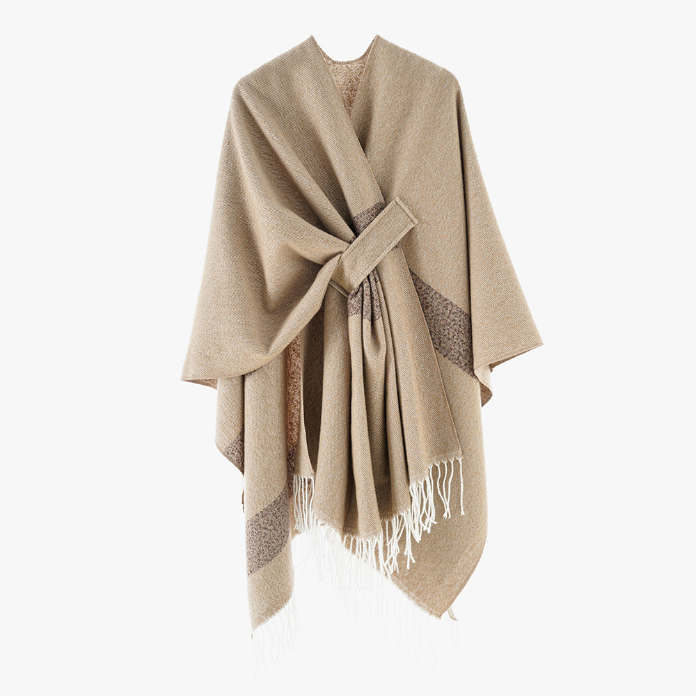 Damen Cape-Poncho mit Bindegürtel, asymmetrischem Zipfelsaum und Fransensaum Shop Nory