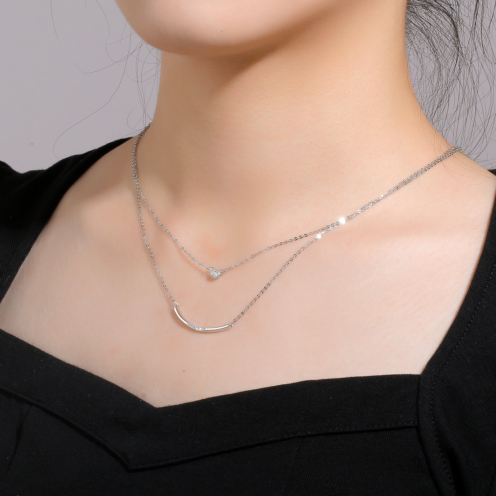 Damen filigrane Doppel-Halskette mit funkelnden Zirkonia-Shop Nory
