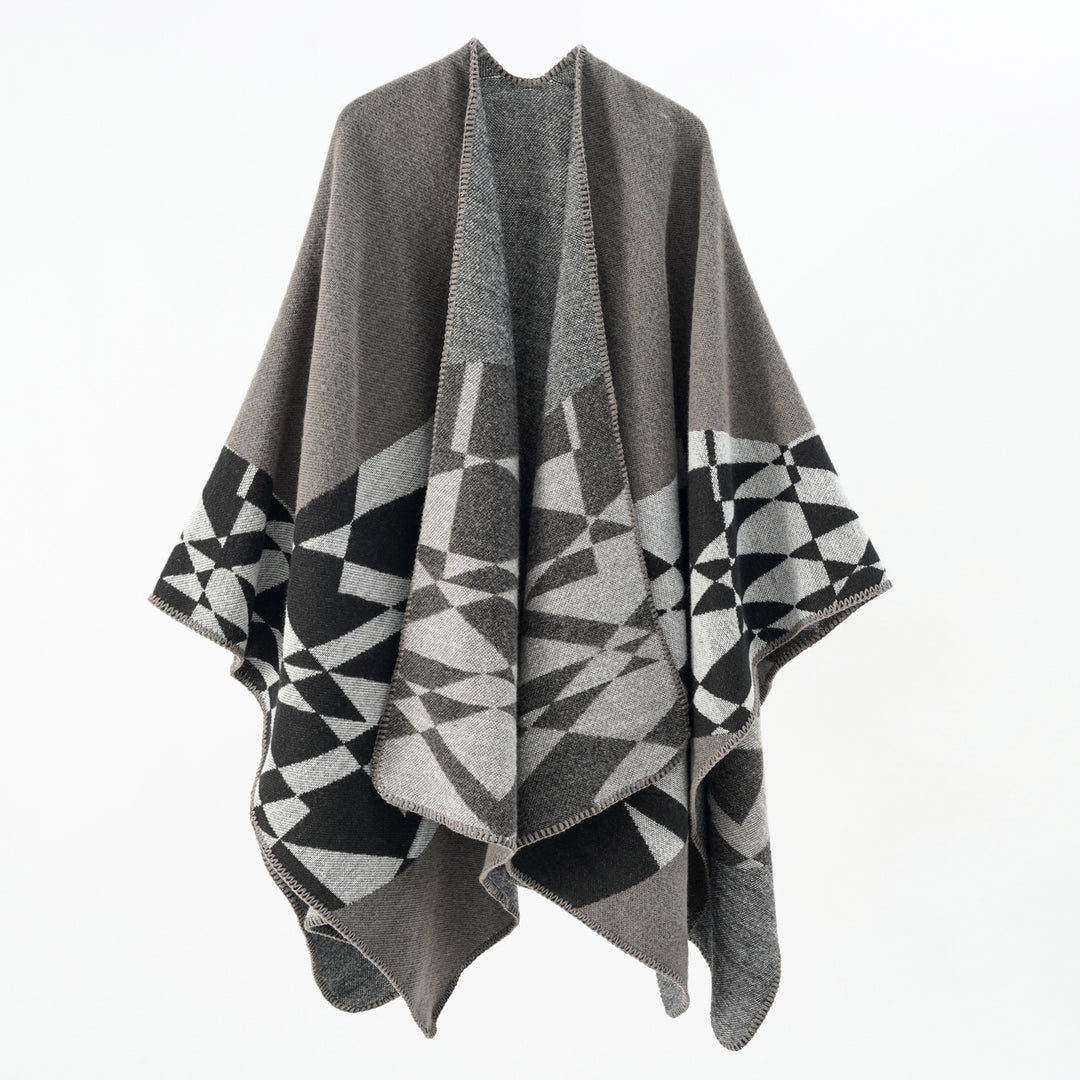 Damen Großer Strickponcho im Cape‑Schnitt mit Ziernaht und geometrischem Intarsia Shop Nory