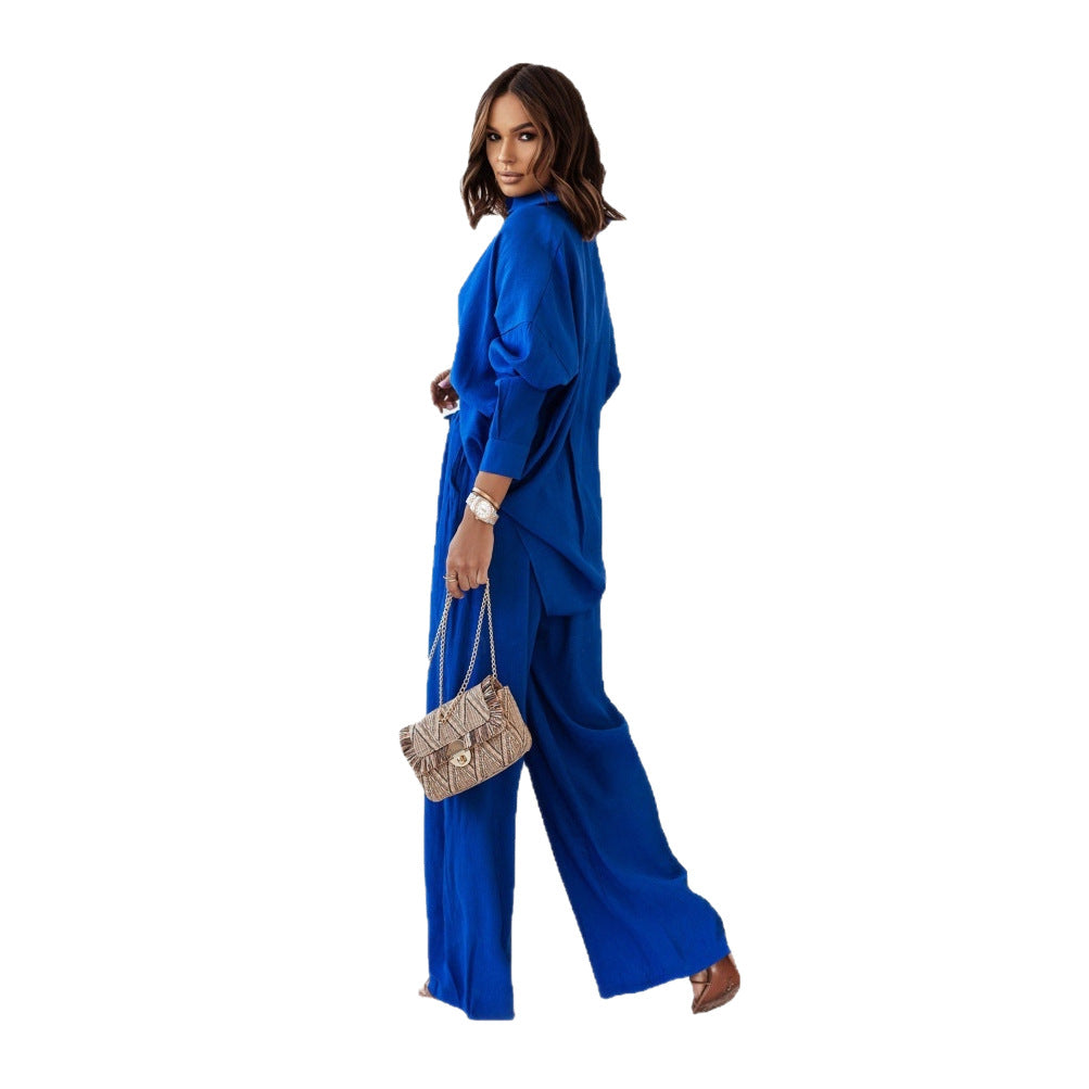 Damen Crinkle-Lounge-Set mit oversized Hemdbluse und weiten Palazzo-Hosen Shop Nory