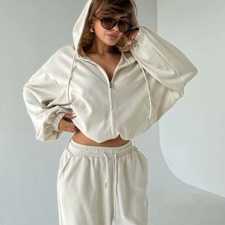 Damen Velours-Cropped-Kapuzenjacke mit Ballonärmeln und weiter Palazzo-Sweathose Shop Nory