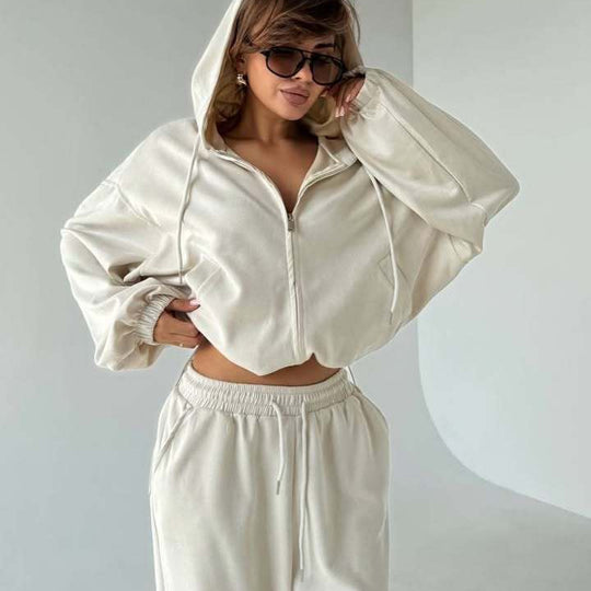 Damen Velours-Cropped-Kapuzenjacke mit Ballonärmeln und weiter Palazzo-Sweathose Shop Nory