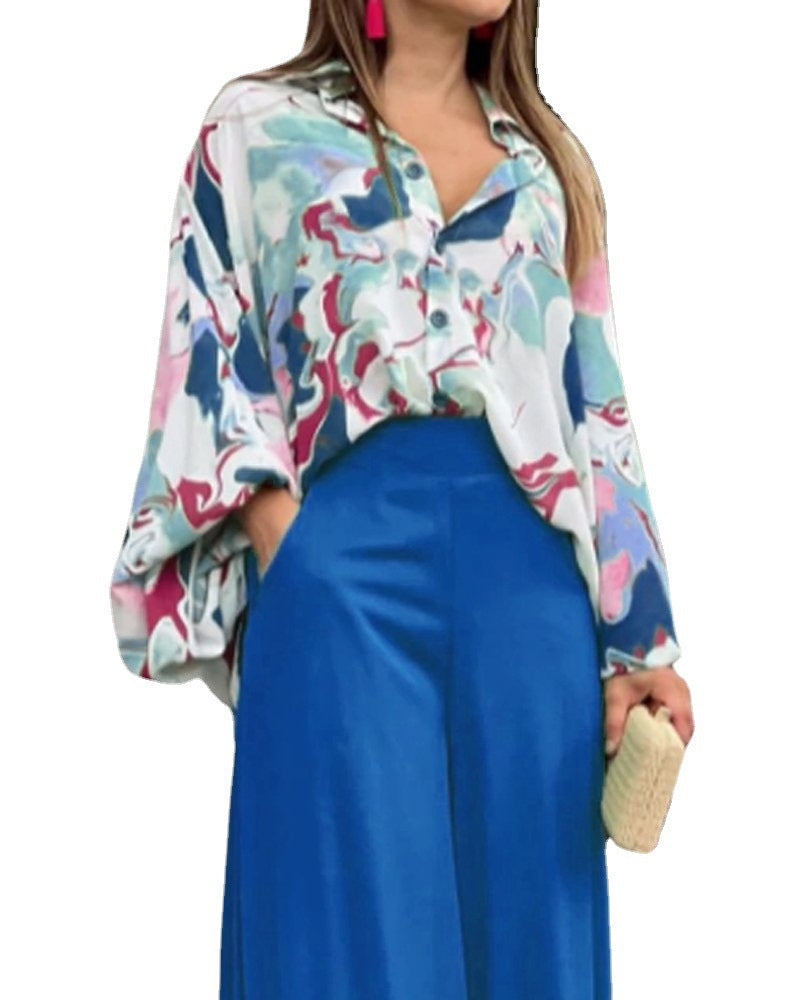 Damen Oversize Hemdbluse mit abstraktem Aquarellprint und überschnittener Schulter Shop Nory