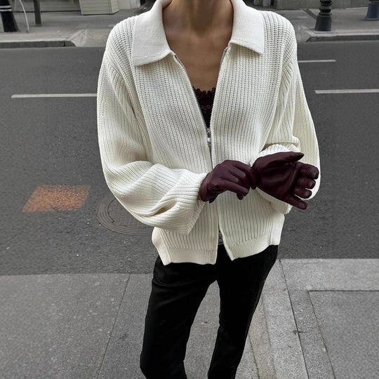Damen Gerippte Strickjacke mit Reißverschluss, Hemdkragen & Ballonärmeln Shop Nory