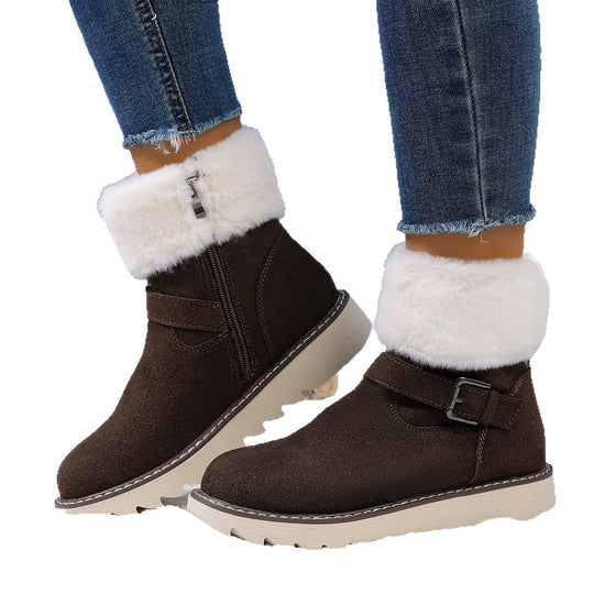 Damen Gefütterte Kurzstiefelette mit Kunstfellkragen, Velours‑Optik und Zierschnalle Shop Nory