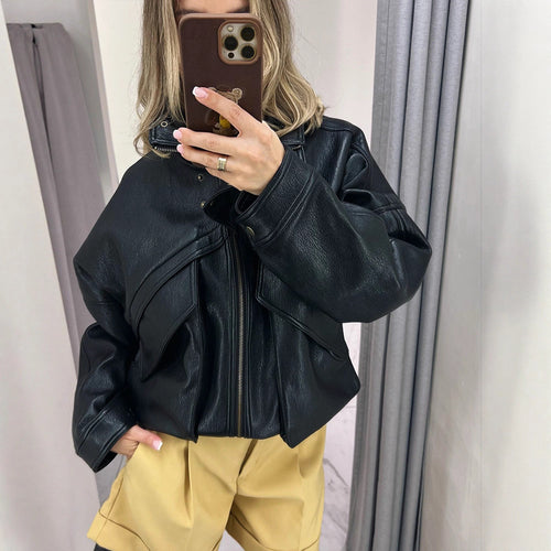 Damen Oversize-Bomberjacke aus strukturiertem Lederimitat mit überlappender Klappenfront Shop Nory