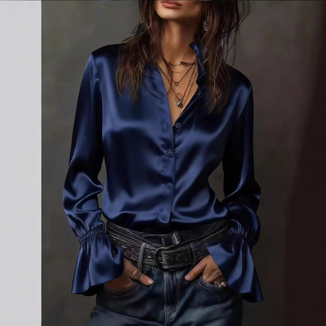 Damen Seidenglänzende Satinbluse mit Stehkragen, Knopfleiste und Volantärmel Shop Nory