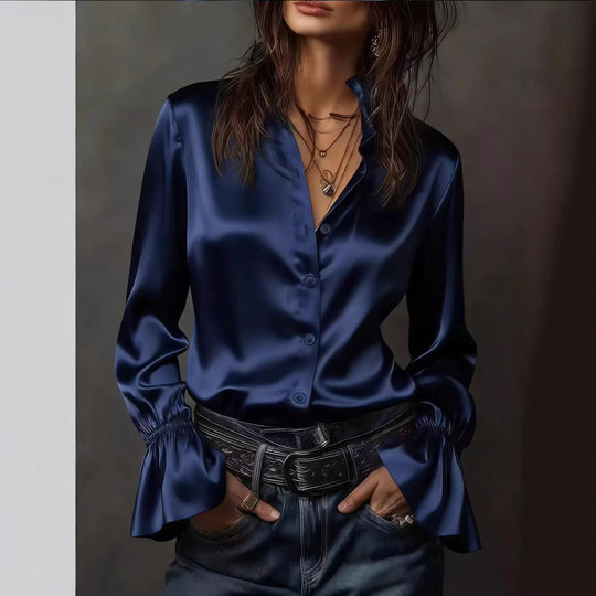 Damen Seidenglänzende Satinbluse mit Stehkragen, Knopfleiste und Volantärmel Shop Nory