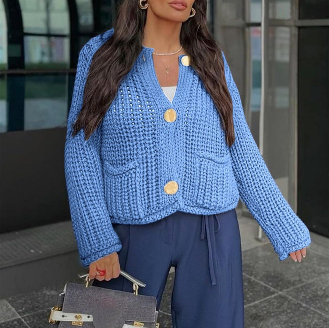 Damen Kurzcardigan im Rippen-Grobstrick mit aufgesetzten Taschen und Statementknöpfen Shop Nory