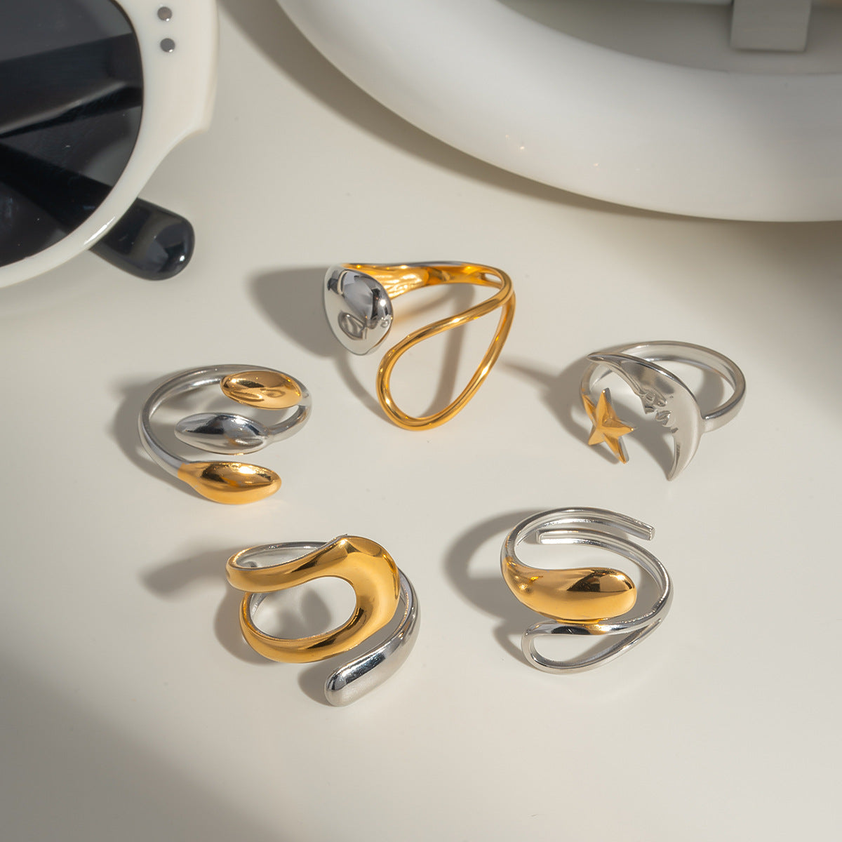 Damen verstellbarer Edelstahlring mit doppeltem Glanz Shop Nory
