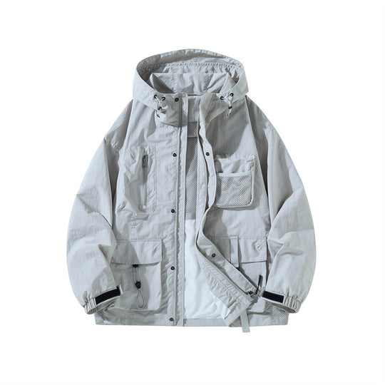 Herren Technische Utility-Outdoorjacke mit Kapuze Multifunktionstaschen und Mesh-Innenfutter Shop Nory