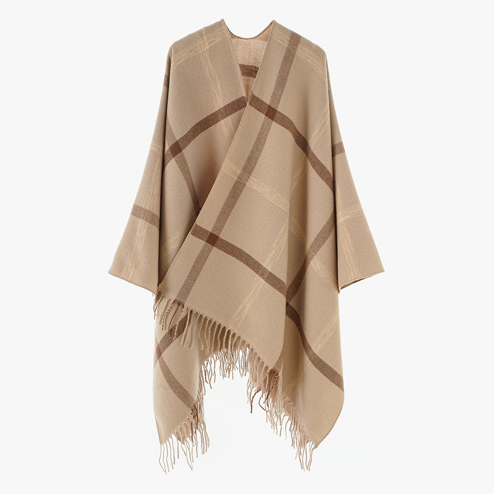 Damen Weit geschnittener Karierter Poncho mit Fransen und V‑Ausschnitt Shop Nory