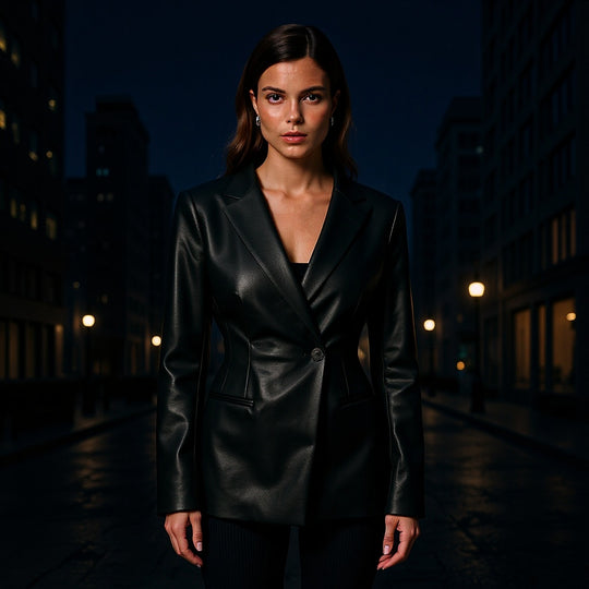 Damen Figurnaher Blazerjacke in Lederoptik mit Single‑Button und konturierenden Abnähern Shop Nory