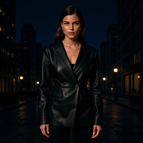 Damen Figurnaher Blazerjacke in Lederoptik mit Single‑Button und konturierenden Abnähern Shop Nory