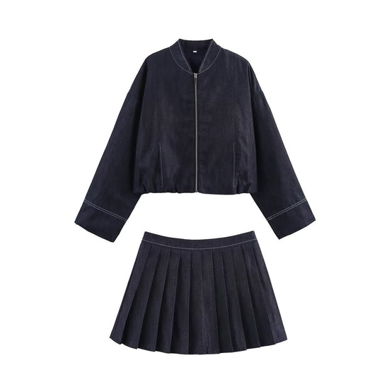 Damen Cropped Denim-Bomberjacke mit überschnittenen Ärmeln und Kontrastnaht Shop Nory