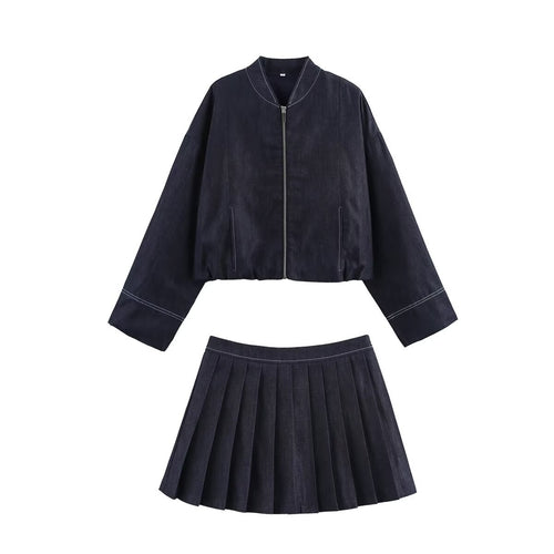 Damen Cropped Denim-Bomberjacke mit überschnittenen Ärmeln und Kontrastnaht Shop Nory