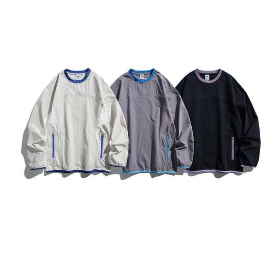 Unisex Leichter technischer Oversize-Pullover mit Rundhalsausschnitt, Reißverschlusstaschen und kontrastierten Abschlüssen Shop Nory