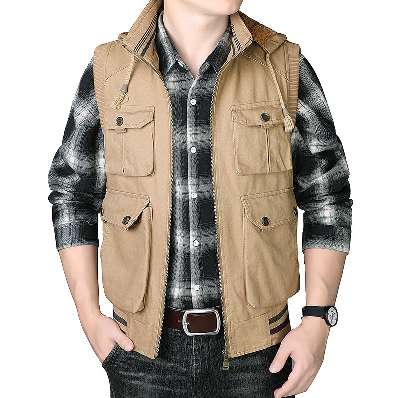 Herren Kapuzen-Weste mit Teddyfutter und Multifunktions-Utility-Taschen Shop Nory