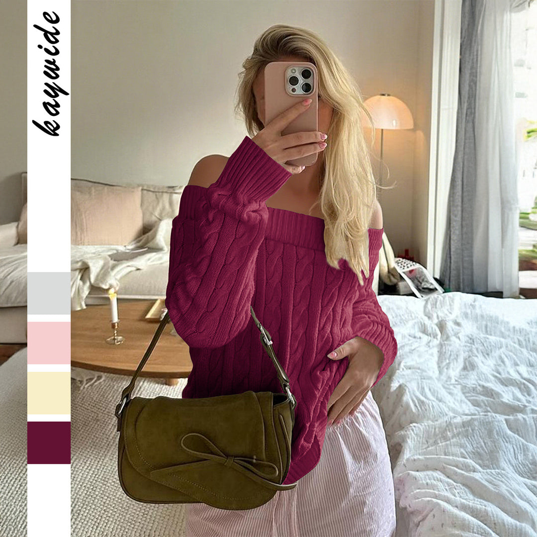 Damen nan oversized schulterfreier Zopfstrickpullover mit geripptem Ausschnitt und Ballonärmeln Shop Nory