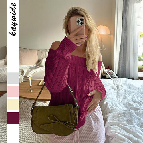 Damen nan oversized schulterfreier Zopfstrickpullover mit geripptem Ausschnitt und Ballonärmeln Shop Nory
