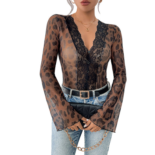 Damen Transparenter Mesh-Body mit Spitzen-V-Ausschnitt, Leopardenprint und Trompetenärmeln Shop Nory
