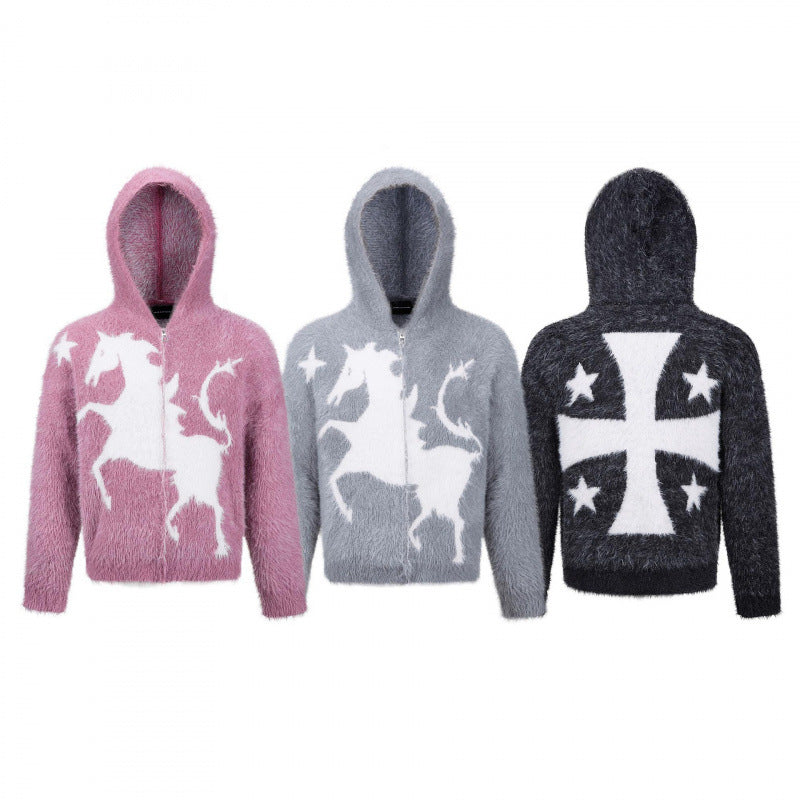 Unisex Flauschiger Kapuzenpullover mit Einhorn-Motiv und durchgehendem Reißverschluss Shop Nory