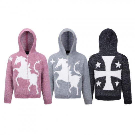 Unisex Flauschiger Kapuzenpullover mit Einhorn-Motiv und durchgehendem Reißverschluss Shop Nory