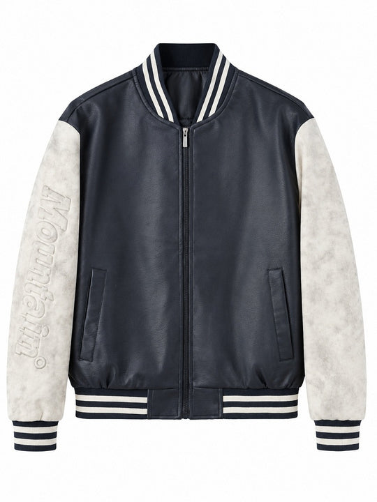 Herren Varsity‑Bomberjacke im College‑Stil mit Lederimitatkörper und kontrastierenden Wildlederärmeln Shop Nory