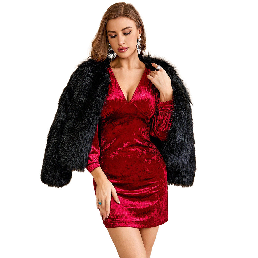 Damen Samtkleid mit V-Ausschnitt, taillierter Bodycon-Silhouette und langen Ballonärmeln Shop Nory