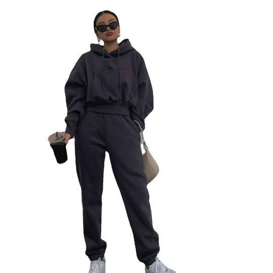 Damen kurzes Oversize-Kapuzenpullover-Set mit elastischer High-Waist-Jogginghose aus Baumwollfleece Shop Nory