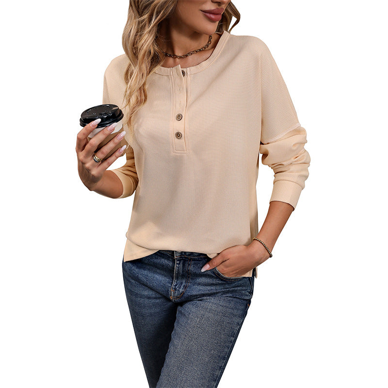 Damen Langärmeliges Waffelstrick-Henleyshirt mit Knopfleiste Shop Nory