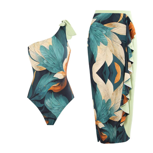 Damen Badeanzug-Set mit Elegantem Asymmetrischen Design und Verspieltem Rockdetail