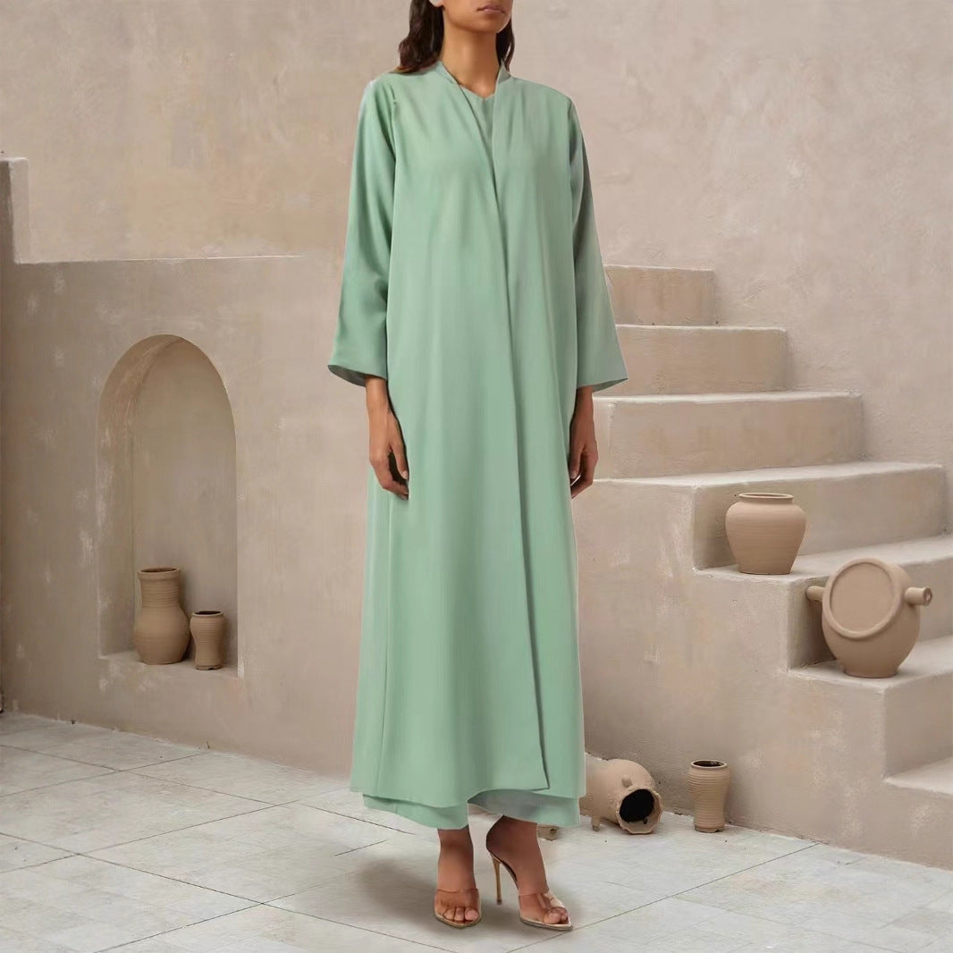 Damen Fließender Maxi-Kaftan-Mantel mit offenem Vorderteil und minimalistischem Stehkragen Shop Nory