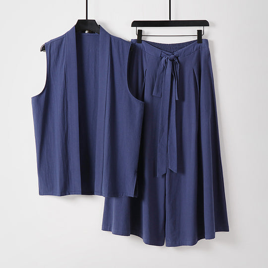 Damen Ärmellose Kimono-Weste und Hochtaillierte Culotte-Hose mit Bindegürtel Shop Nory