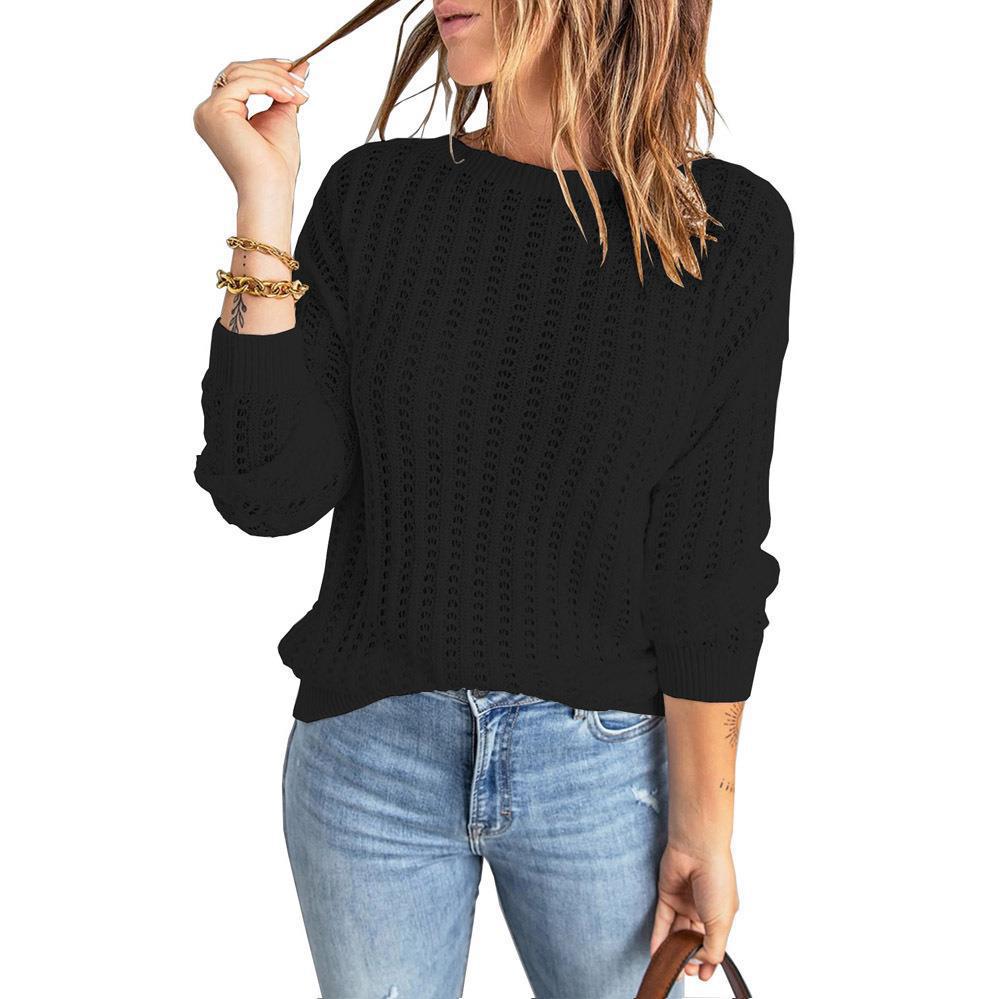 Damen Lockerer Ajour-Strickpullover mit Rundhalsausschnitt und Rippbündchen Shop Nory