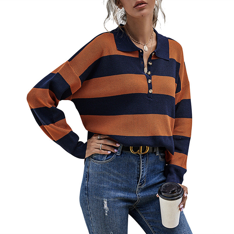 Damen Eleganter Pullover mit Polo-Kragen und Streifen Shop Nory