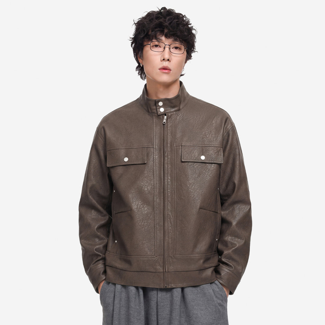Herren Lederjacke im Fieldstil mit Stehkragen, Brustklappen und Reißverschluss Shop Nory