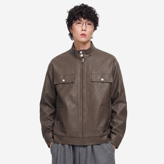 Herren Lederjacke im Fieldstil mit Stehkragen, Brustklappen und Reißverschluss Shop Nory