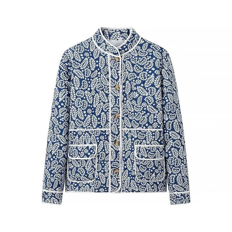 Damen gesteppte Übergangsjacke mit Stehkragen, Paisley‑Print und Kontrastpaspel Shop Nory