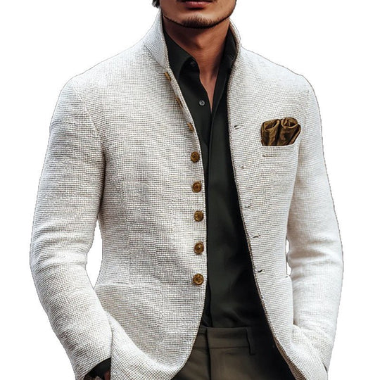 Herren Strukturierter Leinenblazer mit Stehkragen und dekorativer Knopfreihe Shop Nory