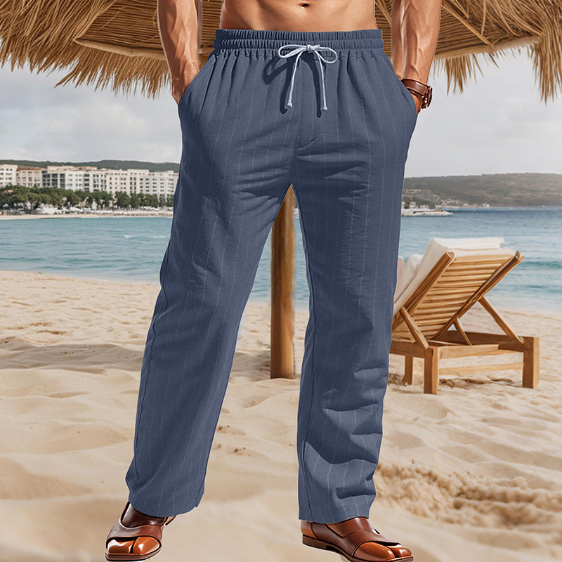 Herren Maritime Leinenoptik-Freizeithose mit Nadelstreifen elastischem Bund und seitlichen Eingrifftaschen Shop Nory
