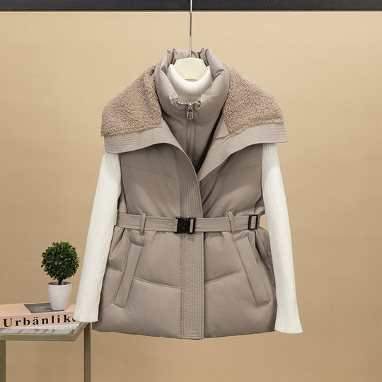 Damen nan wattierte Steppweste mit Strickärmeln und Teddykragen tailliertem Gürtel Shop Nory