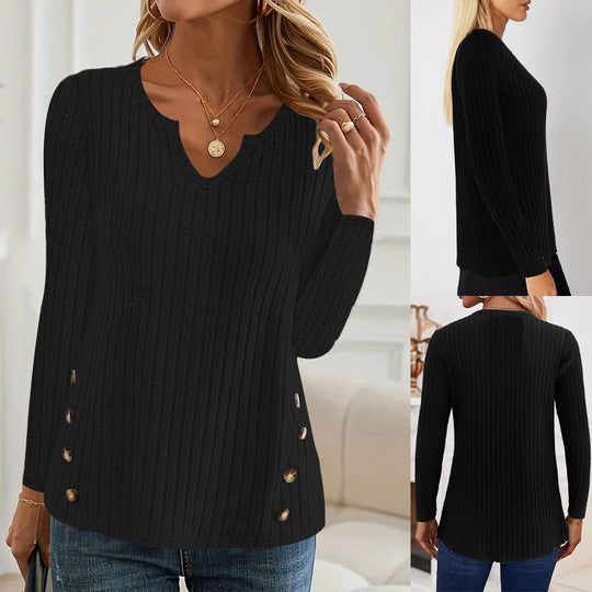 Damen Gerippter Feinstrickpullover mit V-Notch-Ausschnitt und seitlichen Zierknöpfen Shop Nory