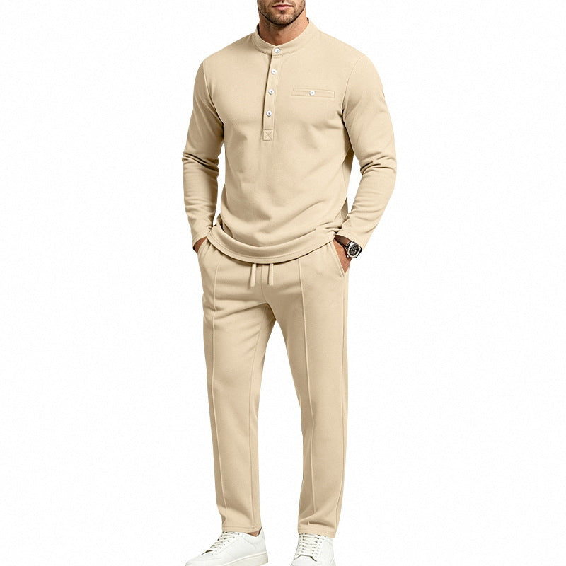 Herren Zweiteiliges Freizeitset mit Henley-Langarmshirt, Stehkragen und Komfort-Jogginghose Shop Nory