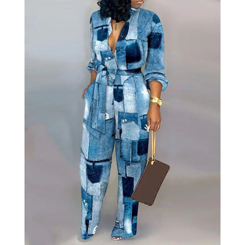 Damen Denim Jumpsuit mit modischem Patchwork-Design und praktischen Taschen