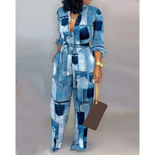 Damen Denim Jumpsuit mit modischem Patchwork-Design und praktischen Taschen