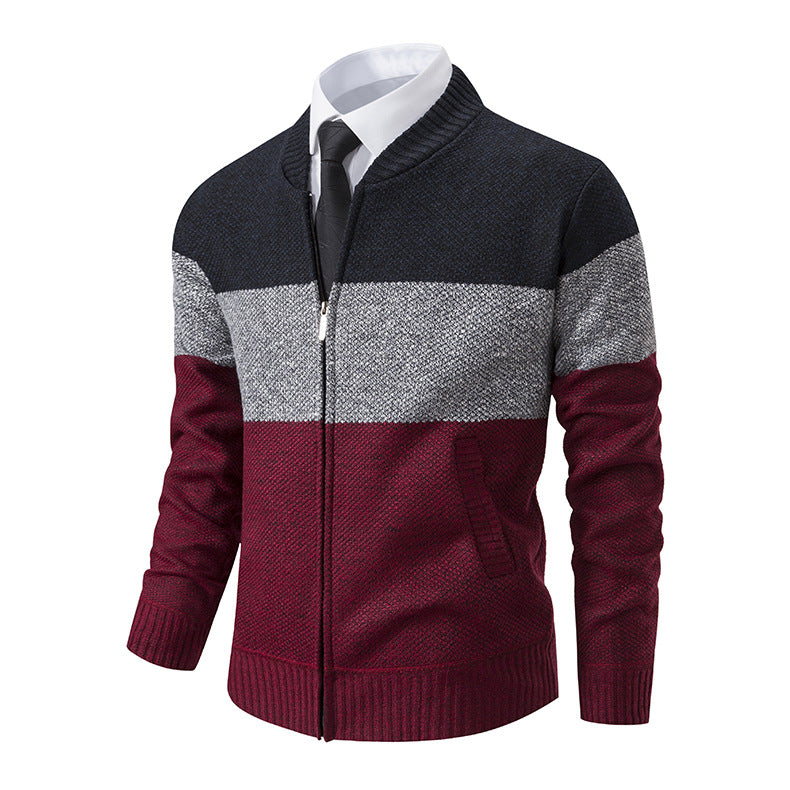 Herren Strukturierte Blockstreifen‑Strickjacke mit Frontzip, Stehkragen und Eingrifftaschen Shop Nory