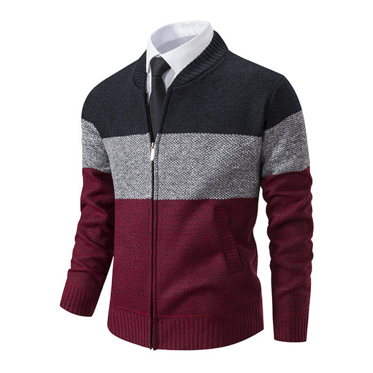 Herren Strukturierte Blockstreifen‑Strickjacke mit Frontzip, Stehkragen und Eingrifftaschen Shop Nory